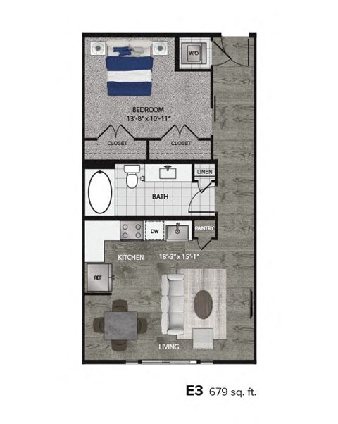 Floor plan for studio, 1 bath, 679 sqft